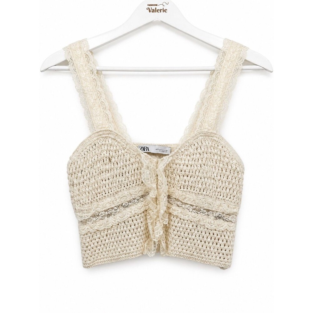 Zara Cream Knit Lace Sheer Ruffle Cropped Tank Top Coastal Boho Size Small